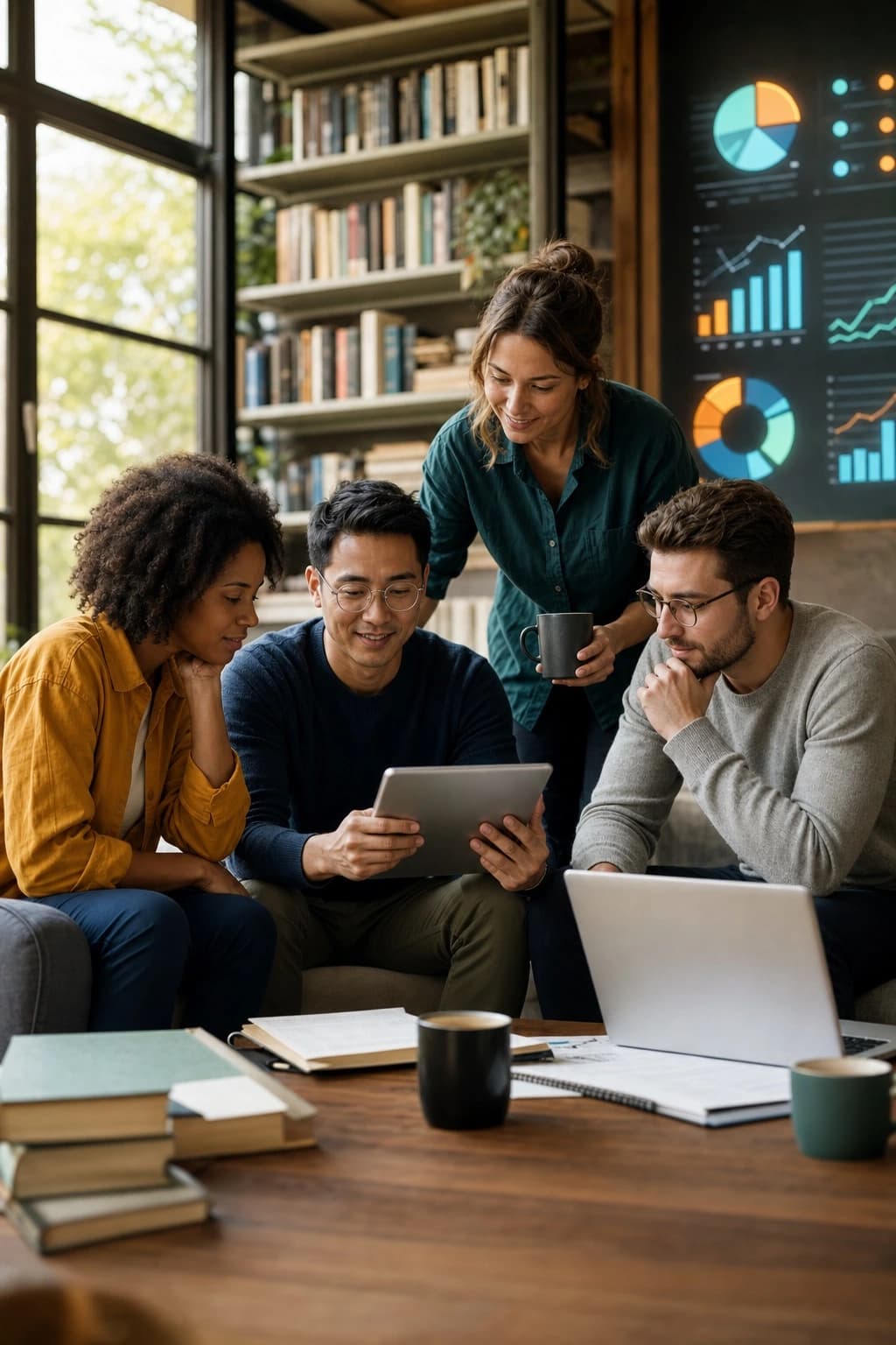 Researchers reviewing blog insights together in a library workspace