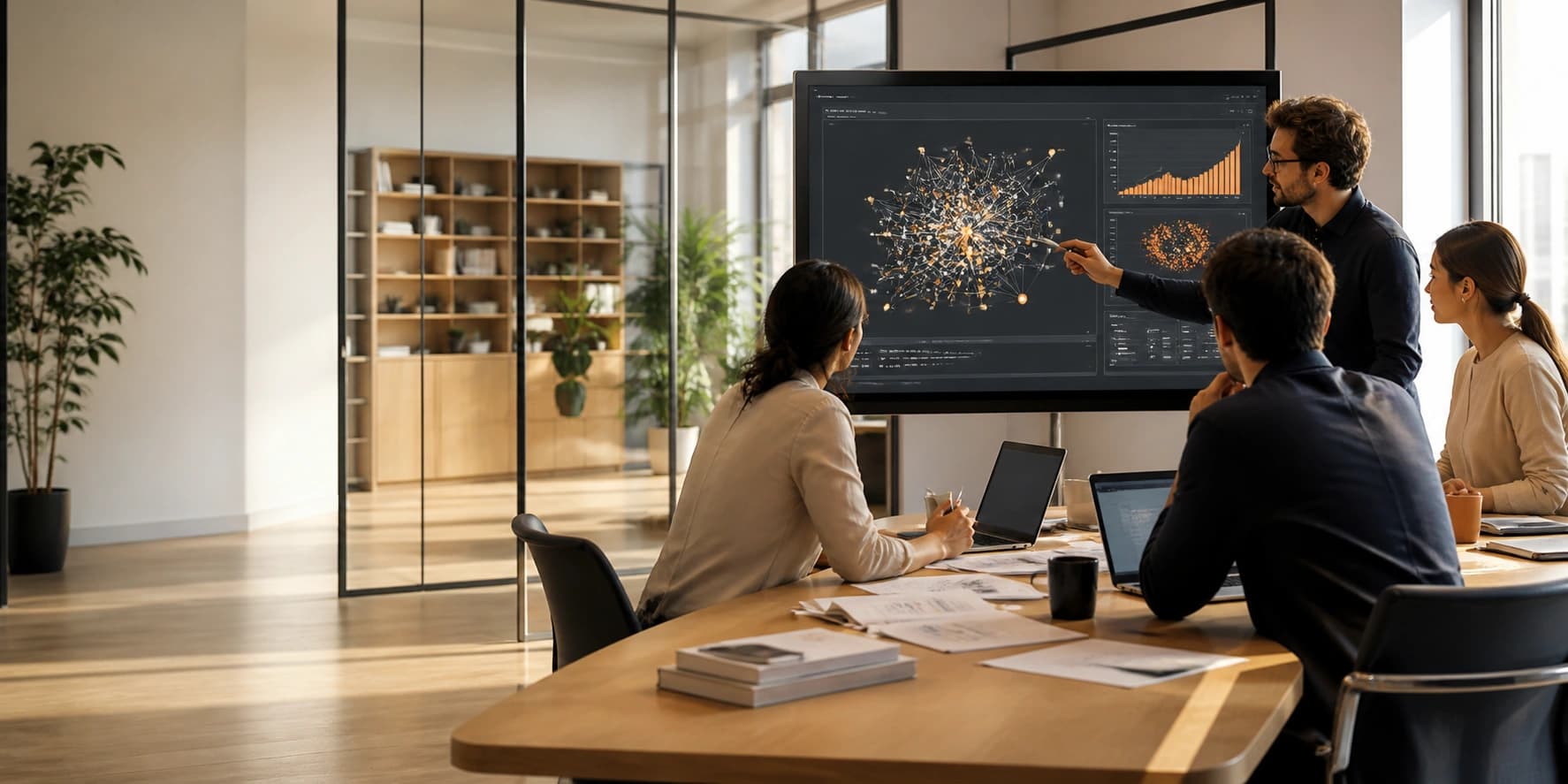 Research team reviewing AI-powered knowledge graph analytics