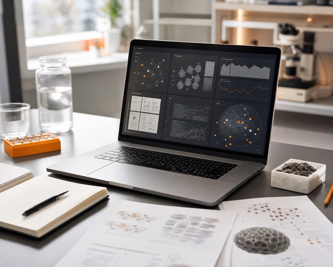 Laptop workspace with research analytics