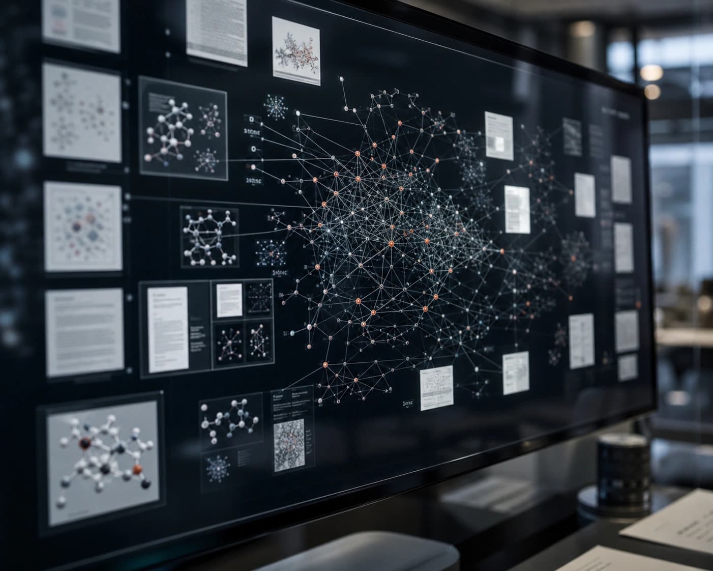 AI knowledge graph visualization on a research monitor