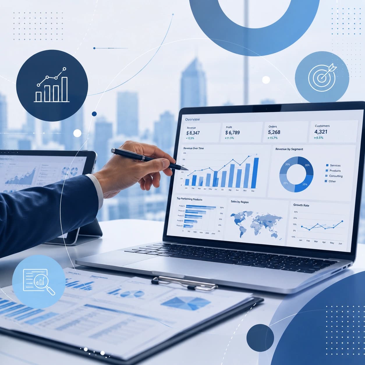 Analytics dashboard with charts and graphs