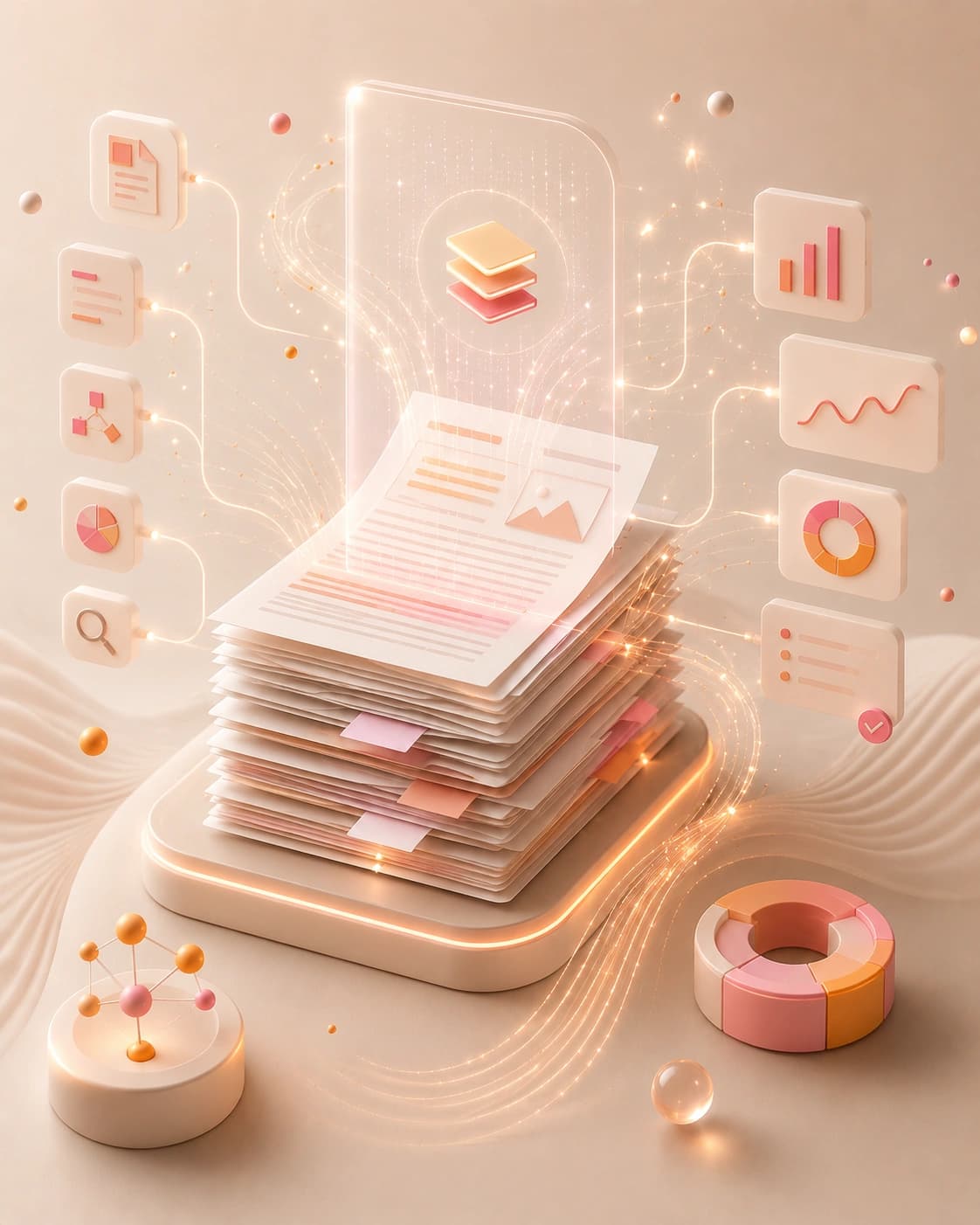 Stacked research papers and documents
