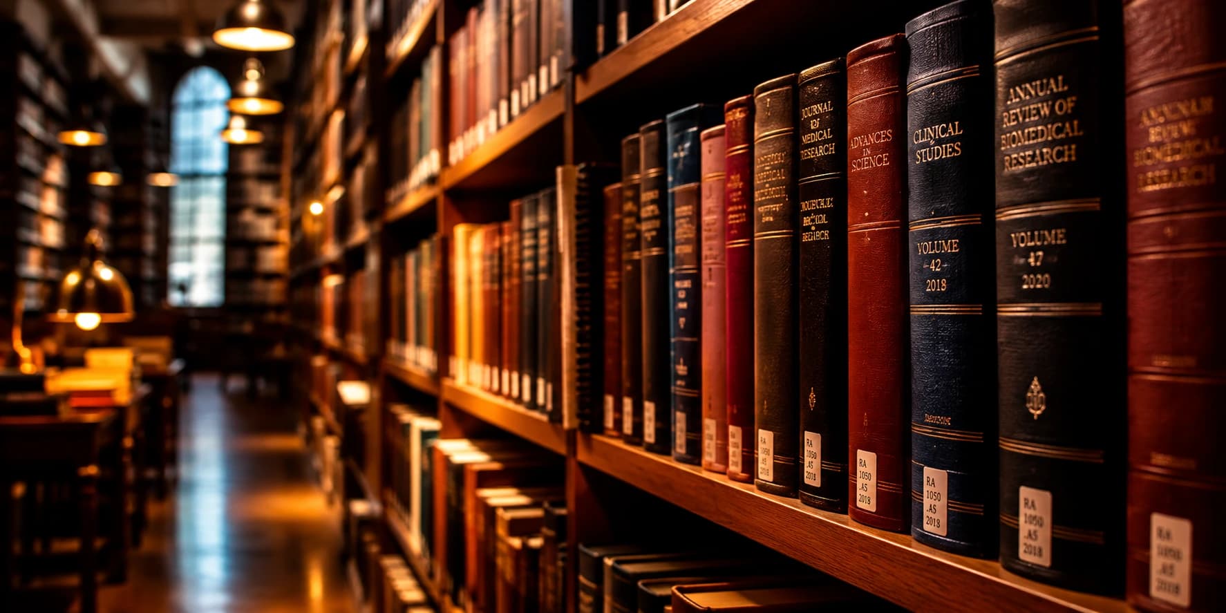 Library bookshelves filled with research volumes